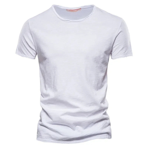เสื้อยืดคอกลมแขนสั้นสีน้ำเงินสำหรับผู้ชาย ทรงเข้ารูป สไตล์ลำลอง ผ้าถัก ระบายอากาศได้ดี สีพื้น ผ้าเจอร์ซีย์ - Product Image 5