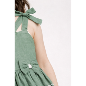 Vestido Casual de Algodón Tejido para Niñas, con Lazos en los Hombros, Color Verde Salvia - Product Image 4