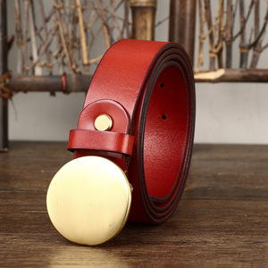 Men's Buckle Buckle 3.3CM Wide Head Layer Cowhide <b>Belt</b> Men's Leather Smooth Round Buckle <b>Belt</b> - Product Image 3
