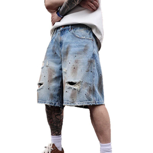 Distressed Knitted <b>Drawstring</b> Solid Mid Waist <b>Mens</b> Denim Shorts Polyester Quick Dry Patchwork Vintage Casual Streetwear - Product Image 1