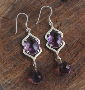 Boucles d'oreilles pendantes en améthyste naturelle double pierre, en argent sterling 925, faites à la main, bijoux de luxe pour femmes - Product Image 3