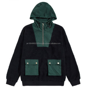 Oem University Baggy Sherpa Pullover 14 Zip Sudadera Dos bolsillos con botones para hombre Sherpa Fleece Patchwork Hoodie - Product Image 1