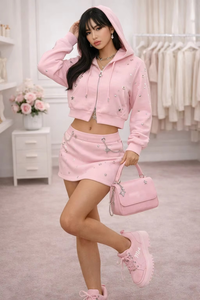 USA brand Wholesale Women's All Over Metal Ring <b>Sparkly</b> Hoodies <b>Top</b> Custom <b>Pink</b> Rhinestones Cropped Hooded Zip Up Streetwear - Product Image 3