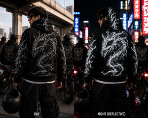 Sudadera con Capucha para Motociclistas, para Hombre, Negra, con Estampado de Dragón Reflectante, Kevlar / CE ARMOR, Manga Larga, Chaqueta de Poliéster, Estampado Luminoso Nocturno, CE ARMOR - Product Image 1