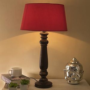 Elegant Antique Table <b>Lamp</b> Rustic Wood Base <b>Red</b> Fabric Shade Decorative Corner <b>Light</b> Living Room Housewarming Aqudus Saleem - Product Image 5