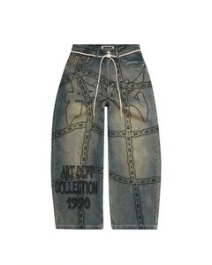 Pantalones Vaqueros Personalizados con Estampado Completo, Adornados con Pedrería, Lavado Vintage Desgastado, Diseño de Parches, Tela Transpirable, Ajuste a la Cintura y Longitud - Product Image 1