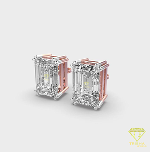 <b>Emerald</b> Cut Moissanite Diamond <b>Stud</b> Earrings White And Rose Gold Custom Fine Jewelry - Product Image 1