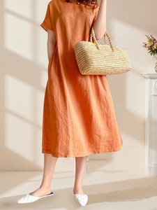 Robe midi en lin, col rond, manches courtes, coupe ample, couleur unie, respirante, décontractée, robe d'été pour femmes - Product Image 3