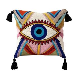 Coussin rectangulaire tissé bohème 100% coton écologique, couleur personnalisable, avec pompons, vente en gros - Product Image 1