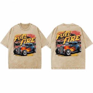 T-shirt Homme Oversize Col Rond Manches Courtes Délavé à l'Acide Beige avec Imprimé Lettres « Fuel the Fire » Style Streetwear 100% Coton Respirant - Product Image 4