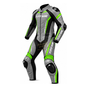 Traje de Motociclismo de Cuero para Hombre, Color Gris, Negro y Verde, de Una Pieza, con Protección, Transpirable, con Bloques de Color - Product Image 2
