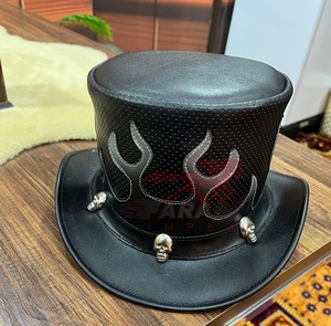 Sombrero de Cuero Negro para Hombre, Estilo Gótico Steampunk, con Calavera y Llamas, Estilo Vaquero Occidental, para Motociclistas, Festivales, Disfraces, Hecho a Mano, Estilo Punk - Product Image 6