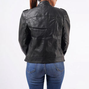 Black Women's Genuine Cow Skin <b>Leather</b> Motorcycle Jacket Stand Collar Full Sleeve Zipper Pockets Autumn Style Global Supply - Product Image 3