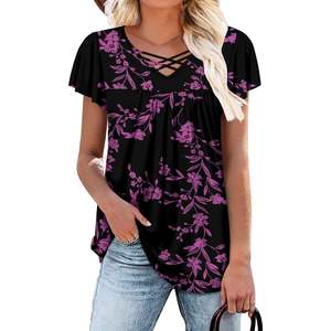Túnica de verano 2025 para mujer, blusa elegante con cuello en V y logotipo bordado, manga corta, diseño bonito en negro/morado, talla M - Product Image 2