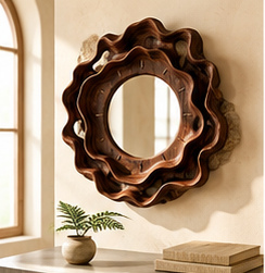 Round Wooden Rustic <b>Silver</b> Glass <b>Wall</b> <b>Mirror</b> with Irregular Wave Frame for Entryway Bedroom Decor - Product Image 1