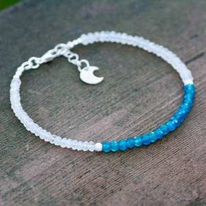Natural Neon Blue Apatite Moonstone Bracelet Sterling Silver Handmade Gemstone Jewelry Gift For Women - Product Image 1