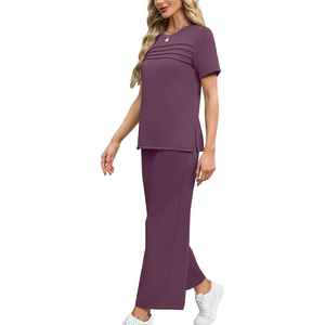 Women Plain Two Piece Set Casual Loose Fit T Shirt <b>Elastic</b> Waist Pants Matching Lounge Wear - Product Image 3