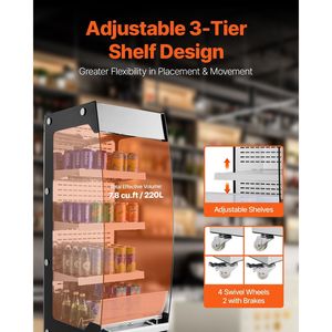 Espositore Refrigerato a 3 Ripiani con Barriera d'Aria, 4 Ruote Girevoli, Frigorifero Commerciale per Vini e Bevande - Product Image 5