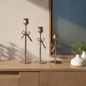 Set Of 3-Piece Hand-Forged <b>Cast</b> Iron Bow Shaped Metal Taper Candle Holders, Antique Gold Finish - Product Image 2