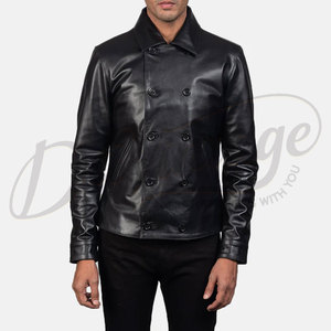Veste en cuir noire double boutonnage de qualité supérieure pour homme, en véritable peau de mouton, style classique, coupe ajustée, vêtement d'extérieur décontracté et tendance - Product Image 5
