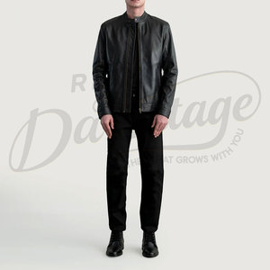 Chaqueta de Cuero Genuino Negra para Hombre, Estilo Motero, Cuello Alto Minimalista, Corte Ajustado, Elegante, Informal - Product Image 3