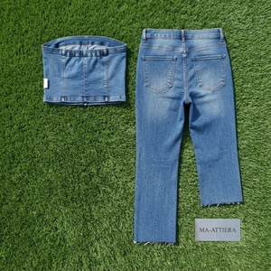 <b>Women</b> Blue Denim Tube Top And <b>Cropped</b> <b>Jeans</b> Set Strapless Two Piece Casual Summer Matching Outfit Streetwear Fashion - Product Image 6