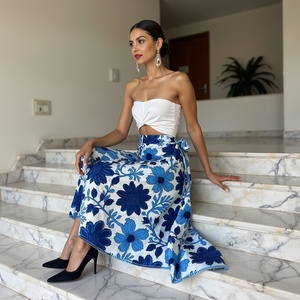 Jupe portefeuille d'été décontractée en coton doux à imprimé floral Boho bleu noir pour femmes-tenue artistique toute la journée - Product Image 6