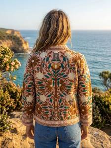 Veste en velours 100% coton tissé brodé Prairie Chic, motif floral, col mandarin, manches longues, respirante, écologique - Product Image 3