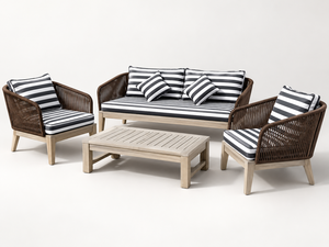 Juego de Sofás de Jardín de 4 Piezas, Muebles de Jardín Modernos con Estructura de Madera y Ratán PE, con Cojines Impermeables a Rayas - Product Image 1