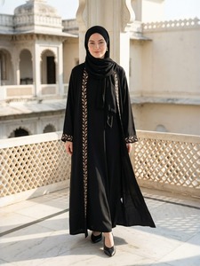 Abaya noire brodée à manches longues, robe modeste longue jusqu'au sol pour femmes, style Moyen-Orient, tenue quotidienne, couleur unie, coupe ample - Product Image 5