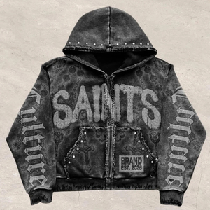 Men's Gothic Hooded Sweatshirt Oversized Black Printed SAINTS Logo Zipper Pocket Design Autumn Style - Product Image 1