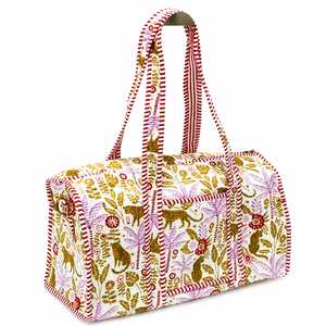 Sac de voyage en coton doux en forme de baril, motif animalier imprimé, poignées à rayures rouges, grande capacité, pour femme - Product Image 1