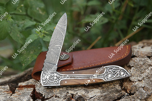 Couteau pliant en acier Damas gravé à la main, OEM/OBM, manche en bois et époxy, lame coulissante à pointe tombante et bord plat, pour camping et EDC – Vente chaude - Product Image 6