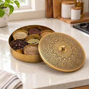 Ethnic Indian Brass Masala Dabba <b>with</b> Floral Engraved <b>Lid</b> and Spoon | Round Multi Bowl Spice Storage <b>Box</b> for Home Kitchen - Product Image 3