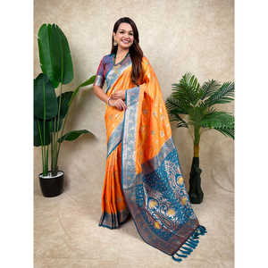 Sari en soie tissée Banarasi Jaal Zari orange, vêtements indiens et pakistanais - Product Image 5