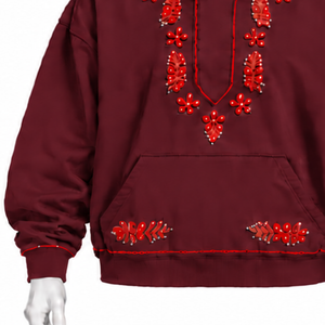 <b>Burgundy</b> Indus Embroidered Pullover <b>Hoodie</b> Floral Needlework Kangaroo Pocket Oversized Casual Streetwear Winter Sweatshirt - Product Image 5