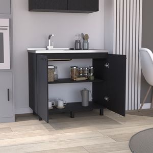 2 Mobili Base Indipendenti in Acciaio Inossidabile con Piano di Lavoro Nero e 2 Ante per Uso in Cucina - Product Image 3