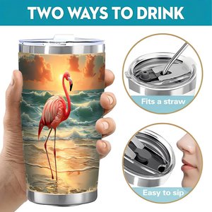 20oz Stainless Steel Tumbler Double Wall <b>Insulated</b> Flamingo Beach Design Travel <b>Mug</b> - Product Image 5
