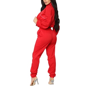 Ensemble de survêtement rouge pour femme, manches longues, col montant, fermeture éclair, couleur unie, tenue décontractée, pantalon respirant en polyester pour l'automne - Product Image 4