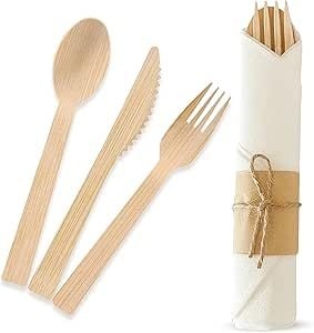 Kit d'ustensiles en bois de bouleau compostables en gros (fourchette, couteau, cuillère) avec serviette pour la livraison de repas et l'emballage des plateaux de repas en avion - Product Image 3