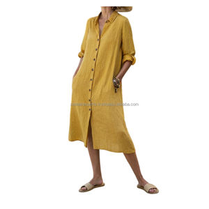 Robe tunique longue en lin gris pour femmes, boutonnée, décontractée, style vacances d'été, style resort, taille naturelle, tissée, motif uni - Product Image 5