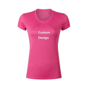T-shirt personnalisé pour femme, col en V, manches courtes, 100 % polyester, séchage rapide, coupe ajustée, couleur unie, décontracté, printemps-été, OEM - Product Image 1