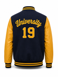 Veste universitaire unisexe bleu marine avec manches jaunes en laine/polyester, patchwork brodé lettre U, streetwear, col rabattu, hiver - Product Image 4