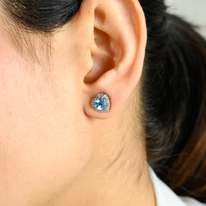 14K Gold Blue Topaz Heart Stud <b>Earrings</b> with Diamond Halo - Product Image 4