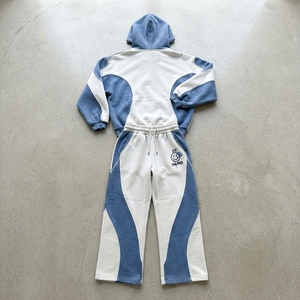 Ensemble de survêtement pour femme bleu glace et blanc avec fermeture éclair, design à empiècements de couleur, pantalon de jogging oversize, style streetwear - Product Image 4