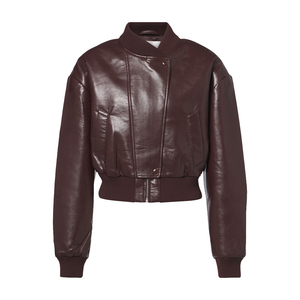 Custom <b>Women's</b> Burgundy Recycled <b>Leather</b> <b>Bomber</b> <b>Jacket</b> Cropped Loose Fit Ribbed Trim Snap Button Slant Pocket OEM Private Label - Product Image 4