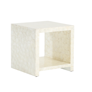 Impresionante mesa auxiliar de nácar, mesa auxiliar bohemia color crema hecha a mano, mueble decorativo luminoso y sostenible de Vietnam - Product Image 1
