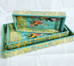 Precio al por mayor Bandejas de MDF Impresión multicolor Juego de tres bandejas de MDF para servir la decoración de la Mesa del hotel del hogar hecha por Tayyab Handicraft - Product Image 1