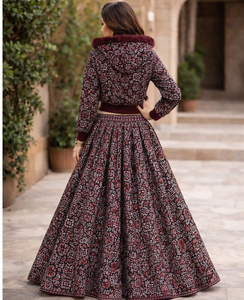 Conjunto de Lehenga Choli con Capucha y Estampado Ajrak Personalizado, con Piel Sintética y Espejo Real, para Mujer, Ropa India y Pakistaní para Fiestas, Todas las Temporadas - Product Image 3