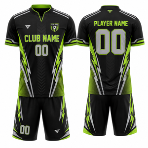 Ensemble de maillots de football personnalisés sublimés, noir et vert, manches courtes, unisexe, léger, en mesh respirant, polyester, pour adultes, équipe - Product Image 1
